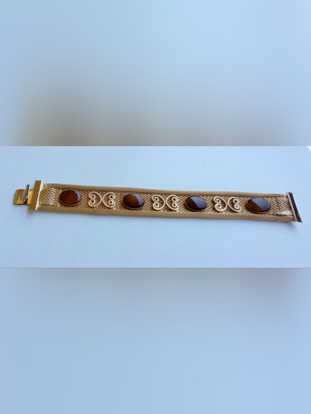 Vtg. Gold Plate Mesh w/ Tiger's Eye Bracelet